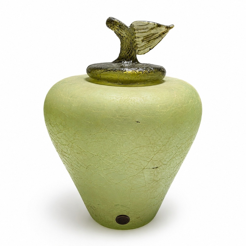 Billy Moon Hand Blown Mexican Art Glass Apple or Pear Jar Leaf Lid 10"